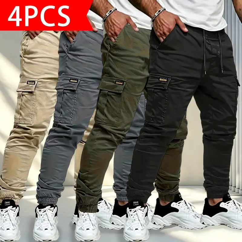 4PCS Men’s Multi-Pocket Jogger Cargo Pants, Casual Streetwear Pants with Elastic Waist & Cuffs, 4-Color Pack, Perfect for Daily Wear, Outdoor Activities, and Urban Street Style.