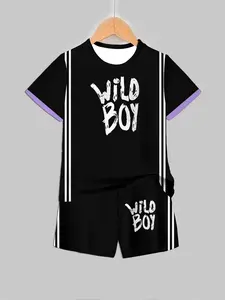 Wild Boy Set! Bottom Edge Print Short Sleeve + Shorts, Cool Trendy Kids, Perfect for Casual Wear