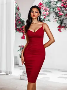CurvySweet CDK0511A Elegant Off-Shoulder Ruched Mesh Bodycon Midi Pencil Dress with Spaghetti Straps, Cross-Back Design & Built-In Bra — Perfect Christmas Evening Dress for Graduation, Cocktail Parties, Date Nights & Formal Events