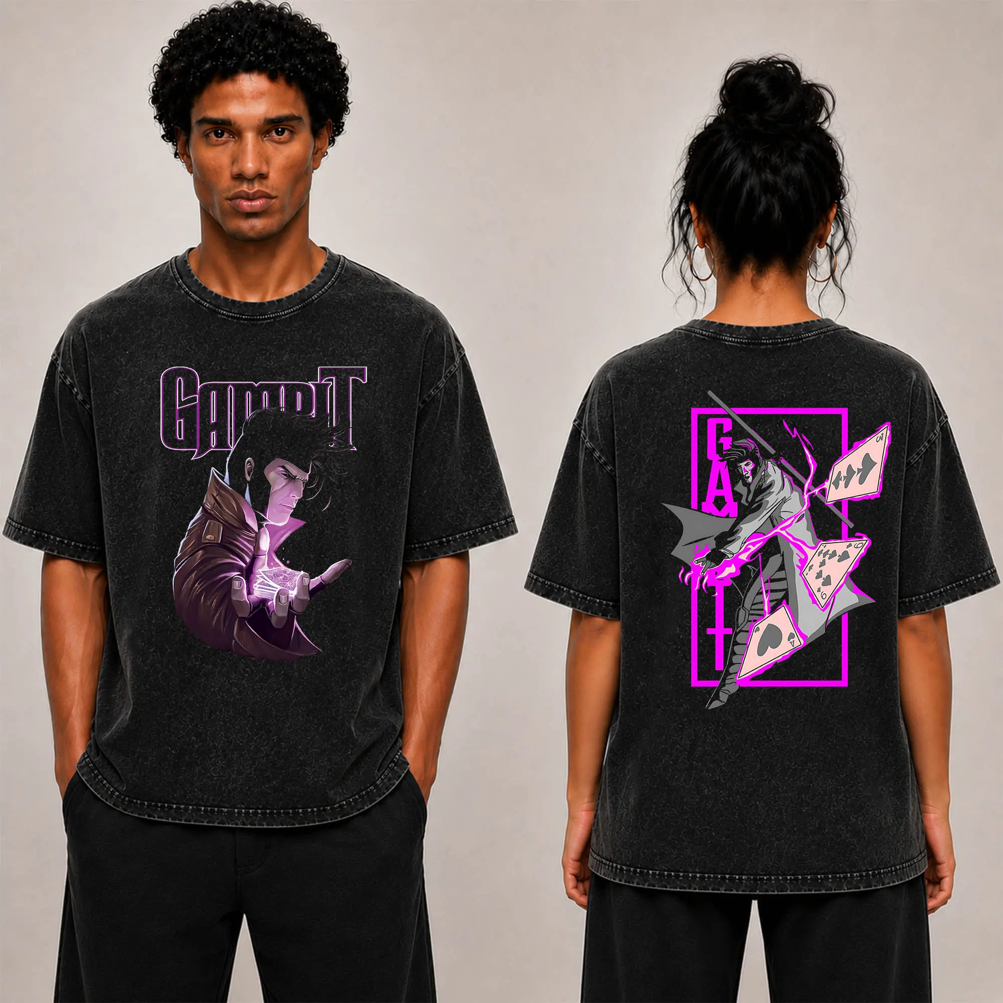 Gambit Black T-Shirt, Card-Throwing Mutant Hero Front Back Graphic Tee, Premium 100% Cotton Unisex Shirt, Purple Energy Anime Streetwear, Retro Comic Fan Gift, Oversized Crewneck Top