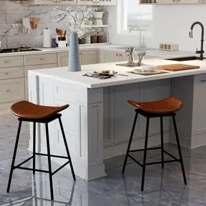 COSTWAY - Set of 2 Swivel Barstools Faux Leather Upholstered Backless with Footrest-Brown