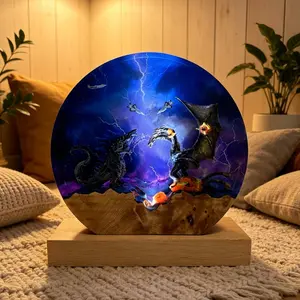 Handmade GodziIIa Resin Night Light Godzilla vs Ghidorah Resin Lamp with Wooden Base, Home Decor Figurine, Creativity Decoration Table Lamp, Bedroom Cafe Bar Decor for Him Her, Gifts Birthday, Valentine Gif