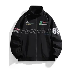 Men's Letter & Figure Embroidered Zip Up Jacket, Long Sleeve Regular Fit Casual Pocket Funnel Neck Outerwear for Spring & Fall, Fashion Men's Clothes for Daily Wear