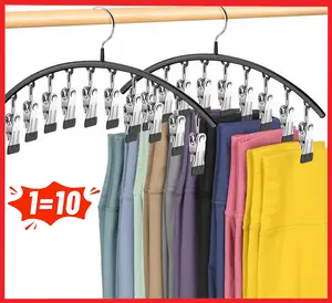 2/5pack Space Saving Hanger with 10 Clips for Leggings, Curved Stainless Steel Closet Organizer, Black Hanging Hangers for Yoga Pants, Bedroom & Cloakroom Storage