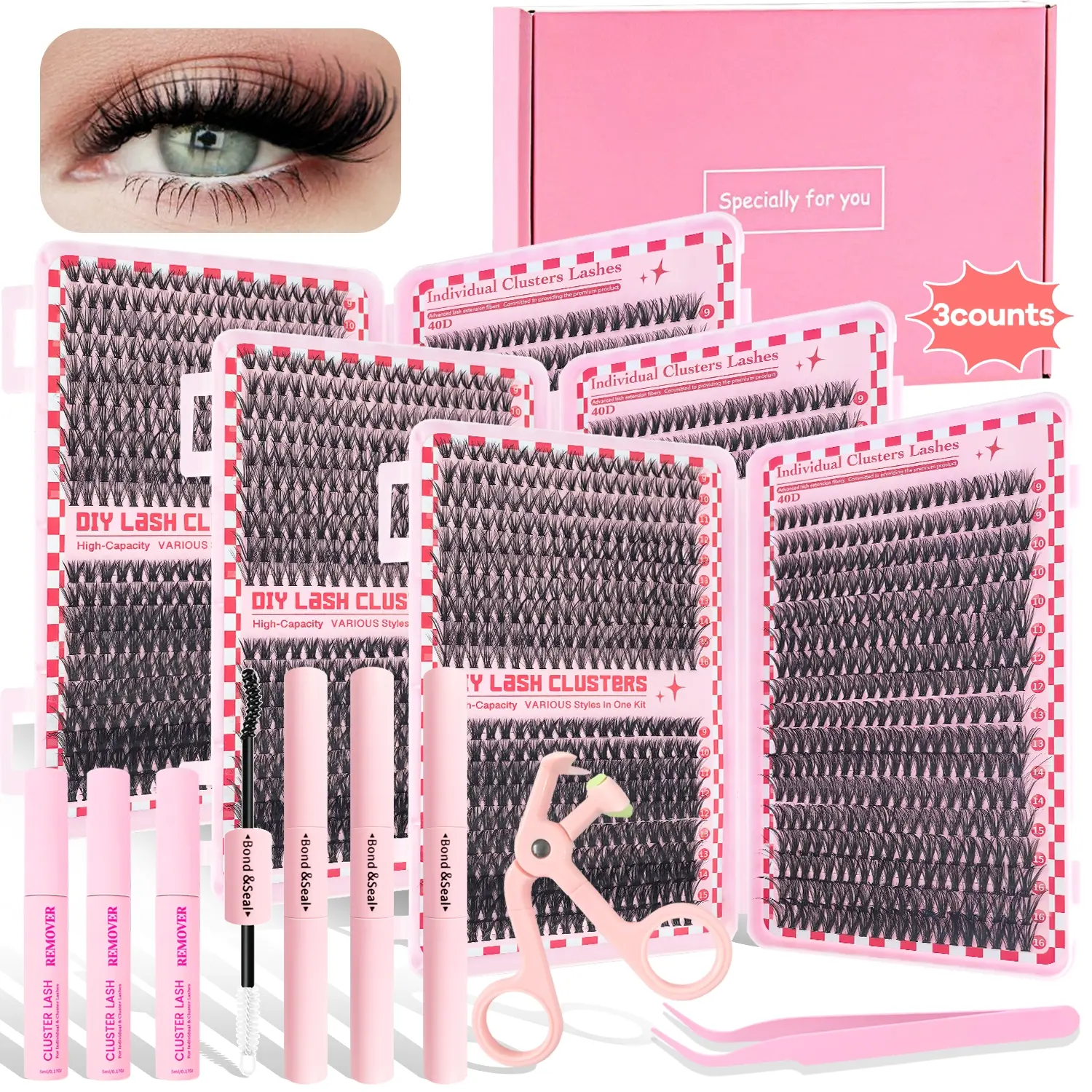3 Counts Kit, DIY Eyelash Extensions, Diy Volume Eyelashes, DIY Eyelash Extensions Set, FalseEyelashes Set 9-16mm, with Bond and Seal, Professional Accessories for Women Makeup, Mixed Eyelash Clusters, Beauty Eyelash Clusters, Glue, Eyelash Extensions Kit