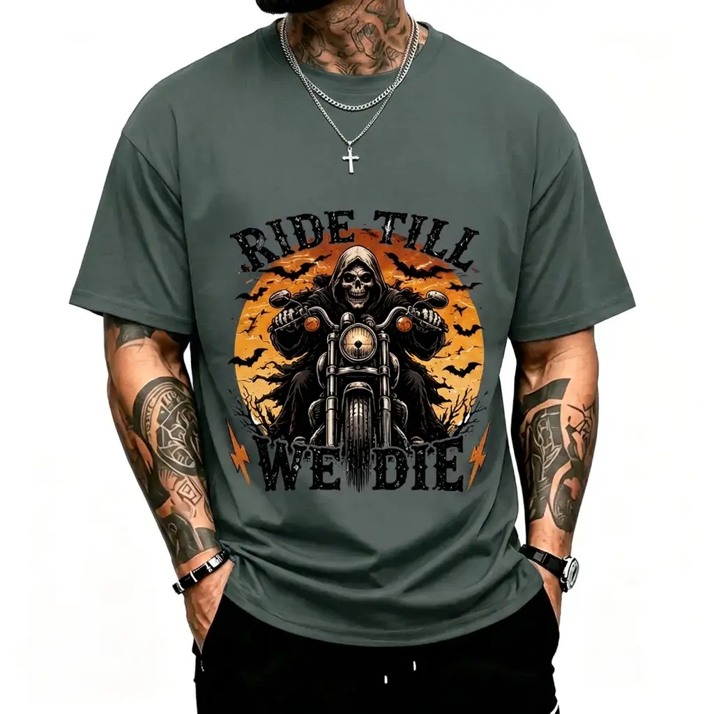 Ride Biker Skull Grim Reaper Motorcycle Graphic Short Sleeve Cotton Tee