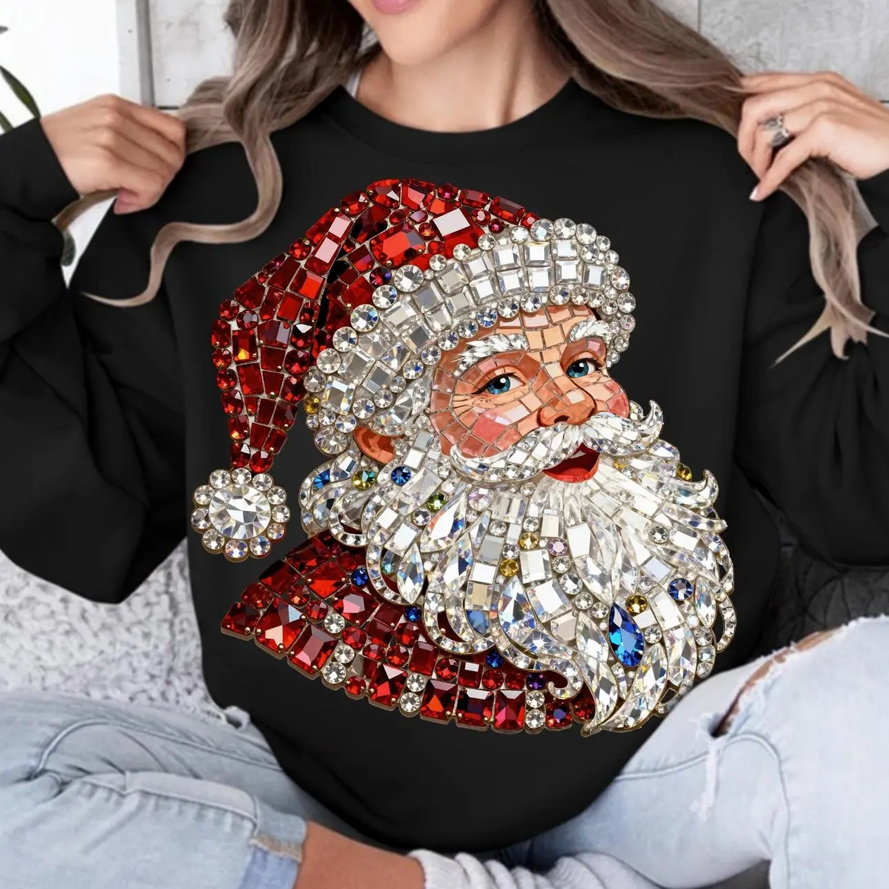 PRINTED SWEATSHIRTS Faux Santa, Sparkle Bling Christmas Sweatshirt, Vintage Jeweled Santa Claus Tee, Festive Holiday Graphic T-Shirt Youth & Adult