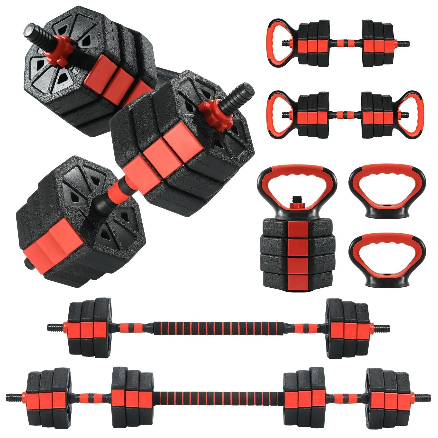 Black Red Adjustable Dumbbells, 44/66/88Lbs Free Weight Set with Connector, 4 In1 Weight Dumbbell Set Used As Kettlebells, Barbell, Push Up Stand, Fitness Exercise for Home Gym Suitable Men/Women