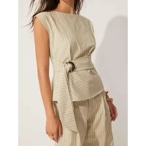 Cider Linen-blend Boat Neck Striped Tie-waist Cami Blouse