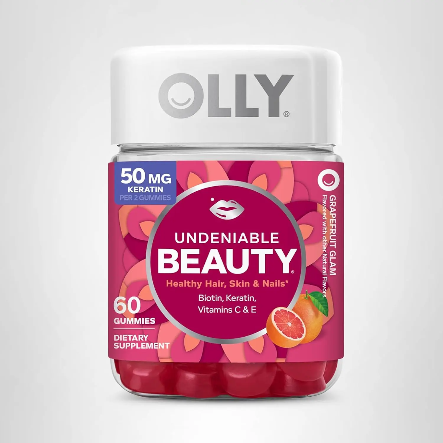 OLLY Hair Skin and Nails Gummies - Undeniable Beauty with Biotin 2500mcg Per 2 Gummies, Keratin & Vitamin C - Supports Healthy Hair, Skin, & Nails - Grapefruit Flavor - 60 Count