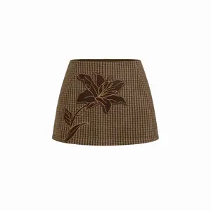 Cider Tweed Floral Applique Check Low Rise Mini Skirt