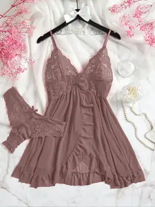 Women's Sexy Lingerie Set, Lace Floral Mesh Robe with Straps, Lace Cami Nightdress, Perfect for Home & Hotel, Ideal Valentine's Day Gift, Comfortable, Fitted and Stylish Nightwear, Loungewear
