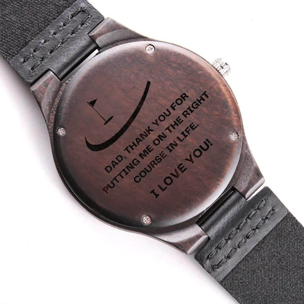 Personalized Engraved Wood Watch for Dad - Sandalwood Case & Genuine Leather Band, Japanese Quartz Movement, Water Resistant for Everyday Wear, Gift For Dad, Buckle, Unique Wood Grain, Water Resistant Ipx-4, Male Watch, Round
