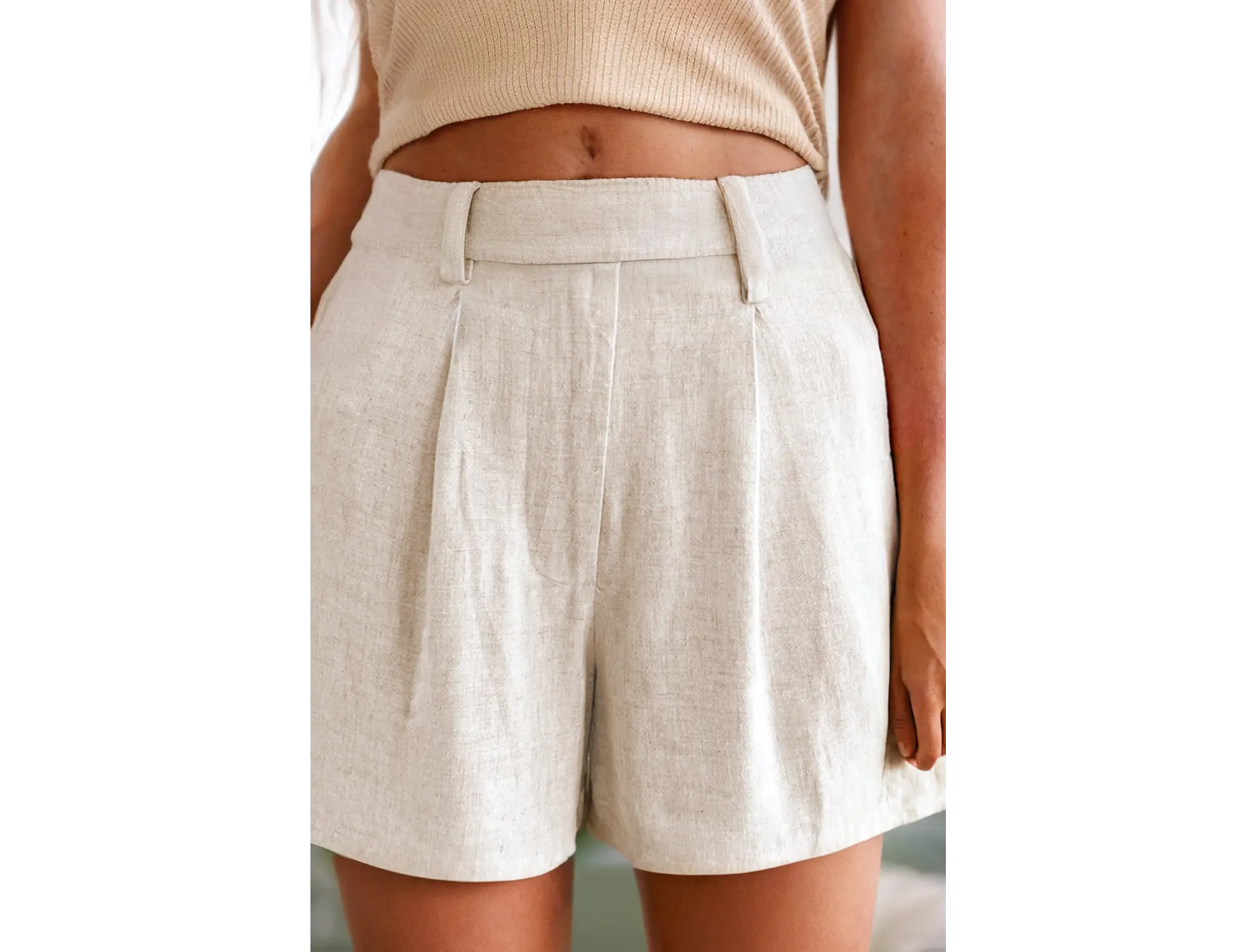 Beige High Rise Wide Leg Cotton Blend Casual Shorts