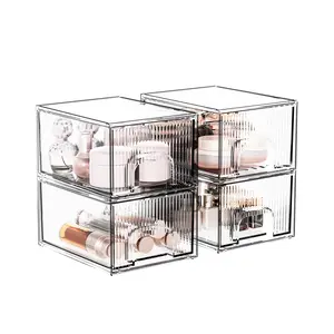 4 Pack Striped Stackable Makeup Organizer, Clear Acrylic Organizers Storage Drawer Organizer, Cosmetics Case and Beauty Organizer for Vanity, Kitchen Cabinets, Pantry Organization and Storage