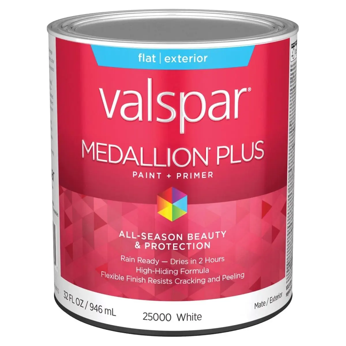 Valspar 1 qt Medallion Plus Acrylic Latex Exterior House Trim Paint & Primer - White, Easy Cleanup, Mildew-Resistant Finish, Prevents Cracking and Peeling, Rain Ready in 2 Hours