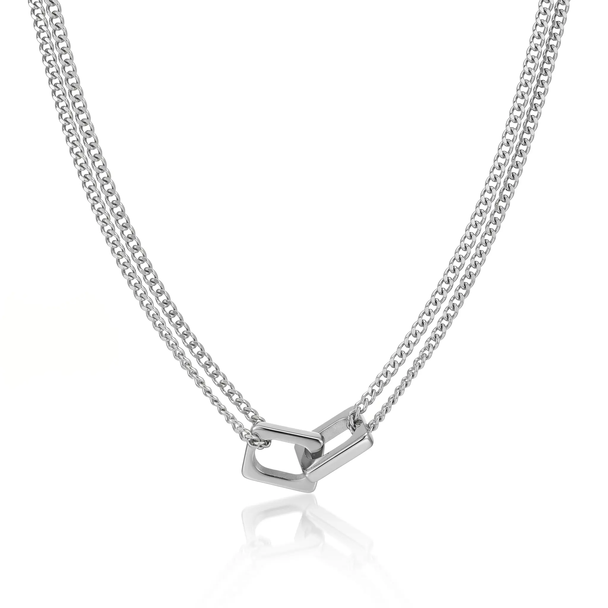Sleek Interlocking Square Design Silver Double Chain Necklace for Women, Titanium Steel Adjustable 19-21" Cuban Link Pendant, Minimalist Everyday Layering Jewelry Gift