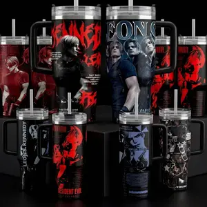 Hot Leon.S Kennedy 40oz Tumbler (Theme box not included), Leon S.Kennedy Resident E Inspired Steel Tumbler,  Gift For Gaming Lovers Tumbler with Handle, Black Water Bottle