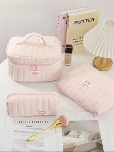 Quilted Makeup Bag Set, Large Capacity Portable Cute Makeup Bag, Multifunctional Fluffy Makeup Bag, Storage Toiletry Bag, Travel Makeup Bag, Cosmetic Pouch, Makeup Organizer Pouch, Cosmetic Travel Bags