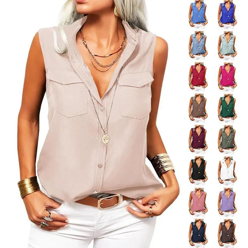 Imily Bela Women's Solid Lapel Sleeveless Tank Tops Button Down Shirts Office Ladies Shirts