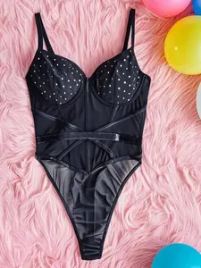 Women's Polka Dot Print Mesh Sexy Lingerie Three-piece Set, Solid Color Push Up Bra & Garter Belt & Thong Set, Women's Lingerie & Underwear for All Seasons，sexy，college pjs，rave outfit，lenceria sexi mujer，sneaky lingerie，whimsy clothing，estilo under