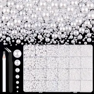 13000Pcs Flatback Pearls for Crafting Golden Silvery, Assorted Size 2/3/4/5/6/8mm Nail Art Pearl with Pick Pen Tweezer, Glitter Nails, Nail Art Kit, Nail Gems for DIY Crafts Clothing Tumblers Shoes Embellishment, Nail Charms Nail Supplies