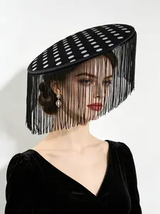 1PC Fascinators Hats for Women - Tea Party Cocktail Fascinator Flat Kentucky Vintage Funeral Derby Hat with Tassels,Easter, Halloween, Carnival Horse Racing Season Accessories