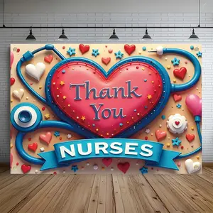 2D Flat, 1pc Nurse Appreciation Week Banner - -Themed Stethoscope & Heart Backdrop with Thank You Nurses Sign, Vibrant 2D Flat for Office Parties, Photo Booth Decor - Durable Suitable for Hosp