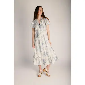 The Sarah Patterned Midi Dress in Cream Blue