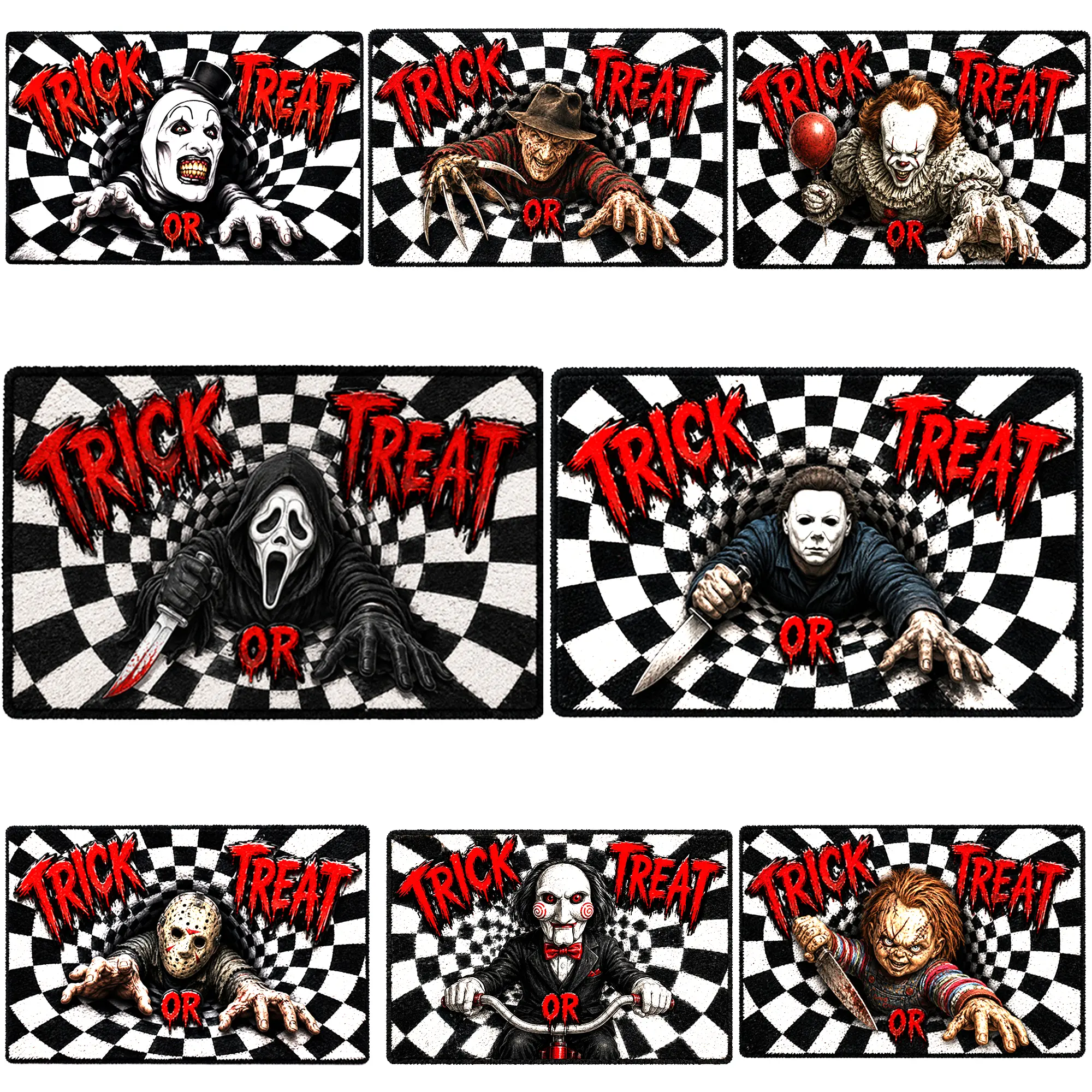 Horror Movie Characters Halloween Doormat, Spooky Welcome Mat Non-Slip Front Door Rug Indoor Outdoor Entryway Decor for Haunted House, Horror Fans, Halloween Porch