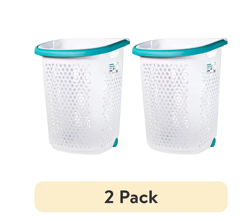 (2 pack) Home Logic 2 Bushel Rolling Plastic Laundry Hamper with Pop-up Handle, White, Adult
