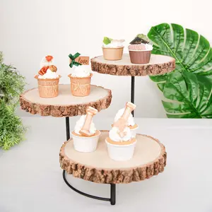 3-Tier Wooden Cheese Board Stand 12" Tall Half Moon Wood Slice Design - Rustic Cupcake Centerpiece