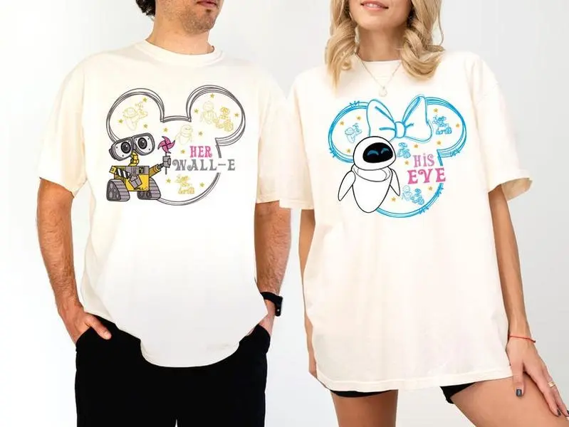 Retro Robot Couple T-Shirt, His and Hers Matching Character Tee, Cute Vacation Graphic Shirt, Couple Travel Outfit, Spooky Season Style