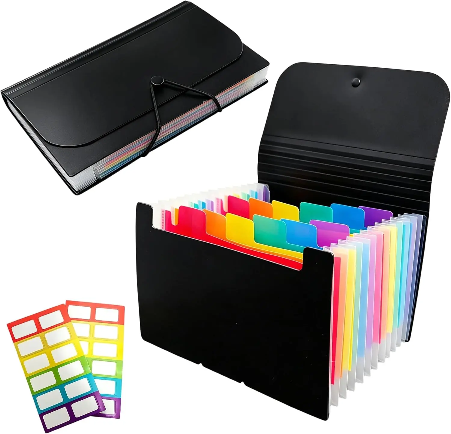 3x5 Index Card Holder, Flashcard Organizers, 13 Pockets Small Expanding File Folder for Notecard Check Stickers Coupon Organizer（Black Rainbow）