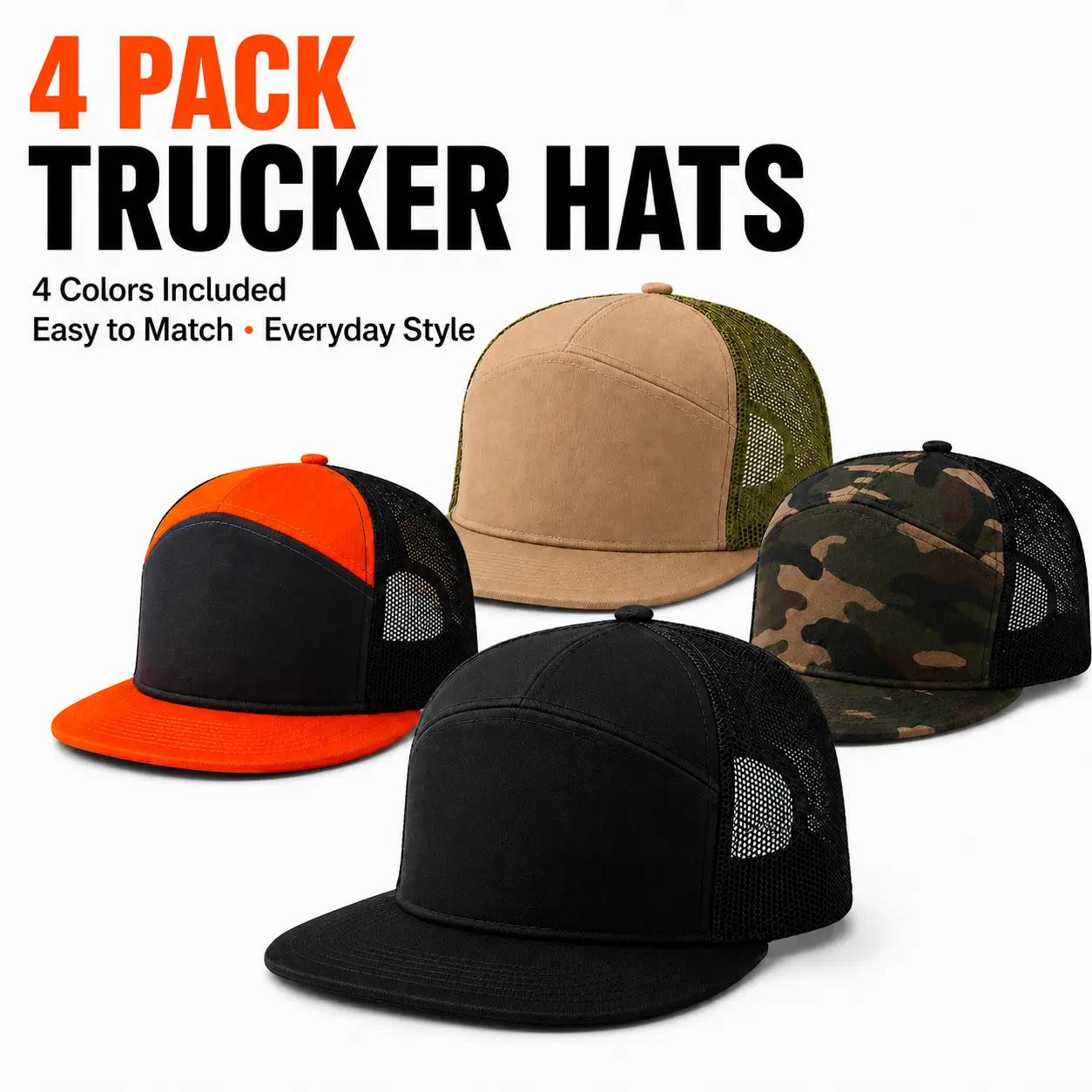 4 Pack Blank Trucker Hats for Women, Adjustable Mesh Back Snapback Caps, Flat Brim, Structured Crown, Unisex Casual Outdoor Streetwear Hats, DIY Ready, Trucker Hats Women
