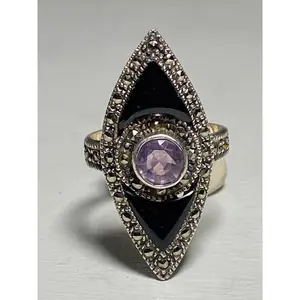 Long onyx ring size 7.25 amethyst marcasite sterling silver women