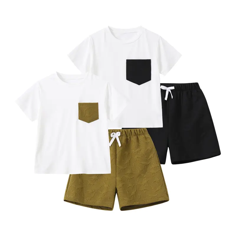 4-piece #SummerVibes boy summer fashion and leisure suit children summer short sleeve elastic waist shorts daily simple breathable soft children's clothing Matching Outfit Set Toddler