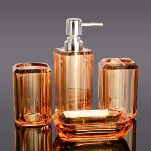 Bathroom Accessories Set, 4-Piece Premium Acrylic Bathroom Accessories Set, Including Hand Soap Dispenser, Mouthwash Cup, Soap Dish, Toothbrush Holder, Orange Bathroom Decor Set, Suitable as a Gift for Home and Apartment