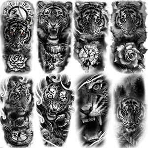 8 Sheets Realistic Tribal Large Tiger Temporary Tattoo Stickers For Women Adults, Half Arm Sleeve Tattoos For Men, 3D Black Tiger Compass Flower Tattoos Decals