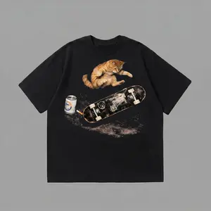 Funny Skater Cat Graphic T-Shirt Orange Cat Skateboarding Meme Retro 90s Grunge Vintage Funny Animal Cat Lover Gift Cute Tee Natural Inspired Y2K Streetwear