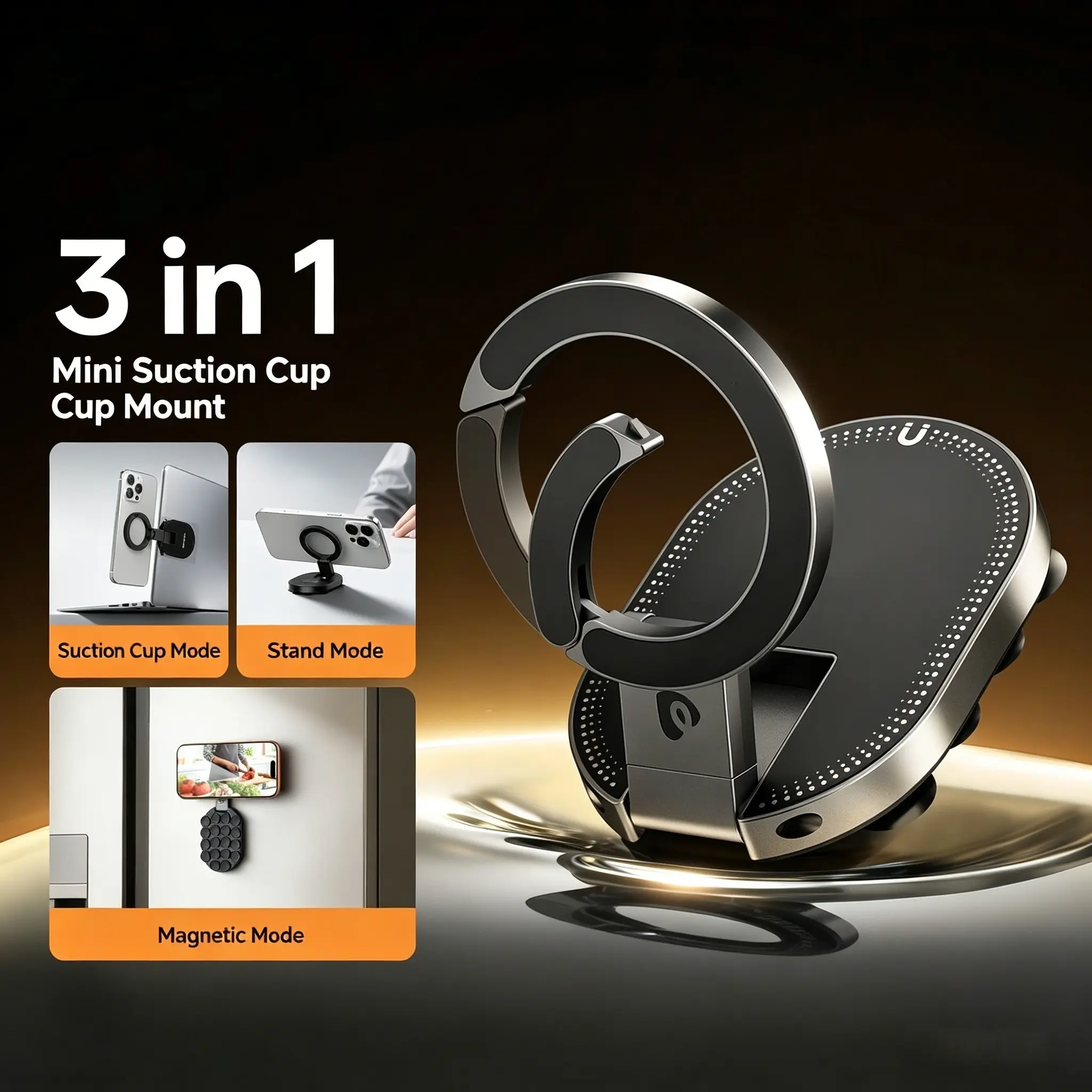 Suction Cup Phone Stand, Magnetic 3-in-1 Rotatable Portable Holder, Multi-scene Strong Magnetic Car Phone Mount