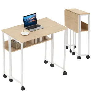 31.5" Folding Desk Rolling Desk with Storage Shelf,Space-Saving Foldable Computer Desk with Wheels,Portable Mobile Couch Sofa Side Table for Small Spaces, Home Office, Study, Easy Assembly,Oak