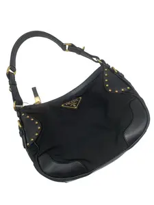Pre-owned PRADA Vintage Black Nylon & Leather Studded Hobo Shoulder Bag/WJ04227815/7815