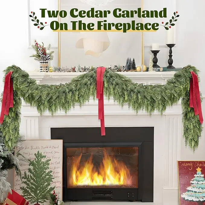 Home & Festive Supplies Christmas Decoration Set: 2-Pack Cedar Garland, 6-Foot Artificial Green Pine Wreaths with PE Accents, Soft Thick Rings for Fireplace Holiday Festivities