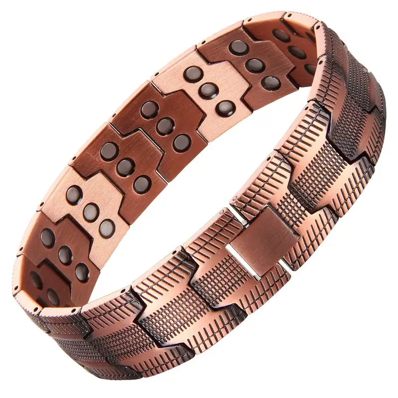 Men's Pure Copper Magnetic Bracelet - Adjustable Size with Tool, Solid Copper Interlocking Design, 3-Row Magnetic Smart Buckle, All-Day Comfort (Ideal for Valentine’s Day, Birthday) premium fold-over clasp relieve fatigue