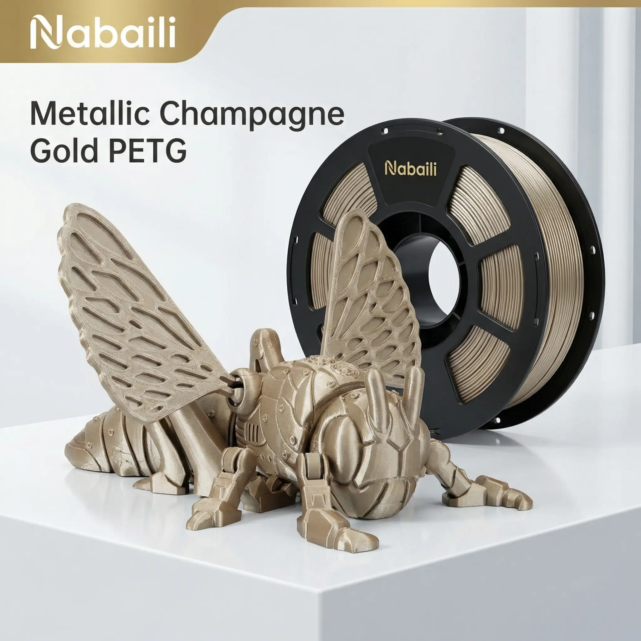 Nabaili Metallic Champagne Gold PETG 3D Printer Filament, 1.75mm BASIC, Metallic Finish Fused Deposition Modeling Printer 3D Printing Supplies