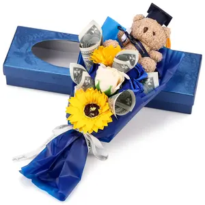 2026 Graduation Bear Bouquet Rose Sunflower Scented Soap Flower Bouquet Mini Plush Graduation Bear with Grad Cap Gift Box for Daughter Son Party Favors Supplies