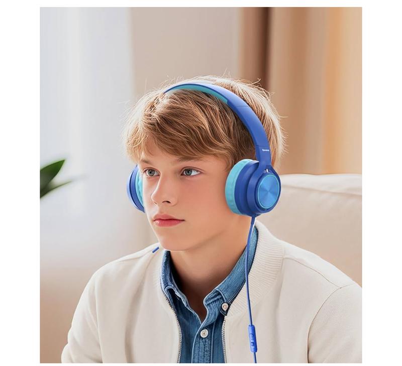 Kids USB-C Headphones with Mic – Safe Volume Limiter – Foldable Over-Ear Wired Headset (Blue)