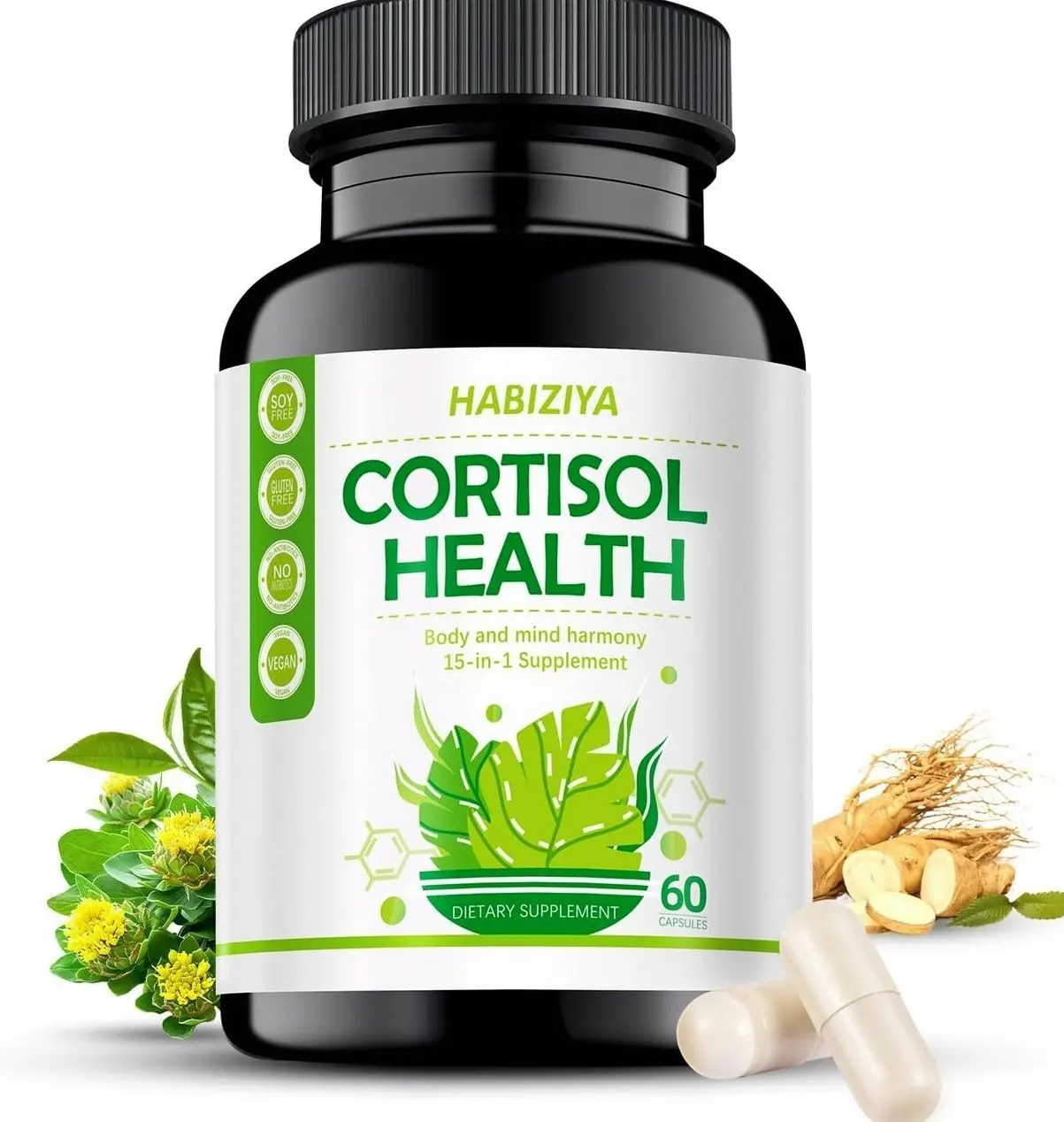 Cortisol Support Supplement with Magnesium Glycinate, L-Theanine, Ashwagandha, Phosphatidylserine,Rhodiola Rosea 15-in-1 Hormone Balance for Women Men Mood, Focus, Sleep Support 60 Capsules