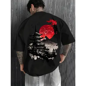 Men'S Japanese-Inspired T-Shirt - & Japanese Landscape Graphic Tee with Mount Fuji, Cherry Blossoms & Pagoda - Loose Fit Casual Shirt for Everyday &, Japanese Culture Events - Breathable Summer Top, Japanese T Shirt, Cultural Event Apparel